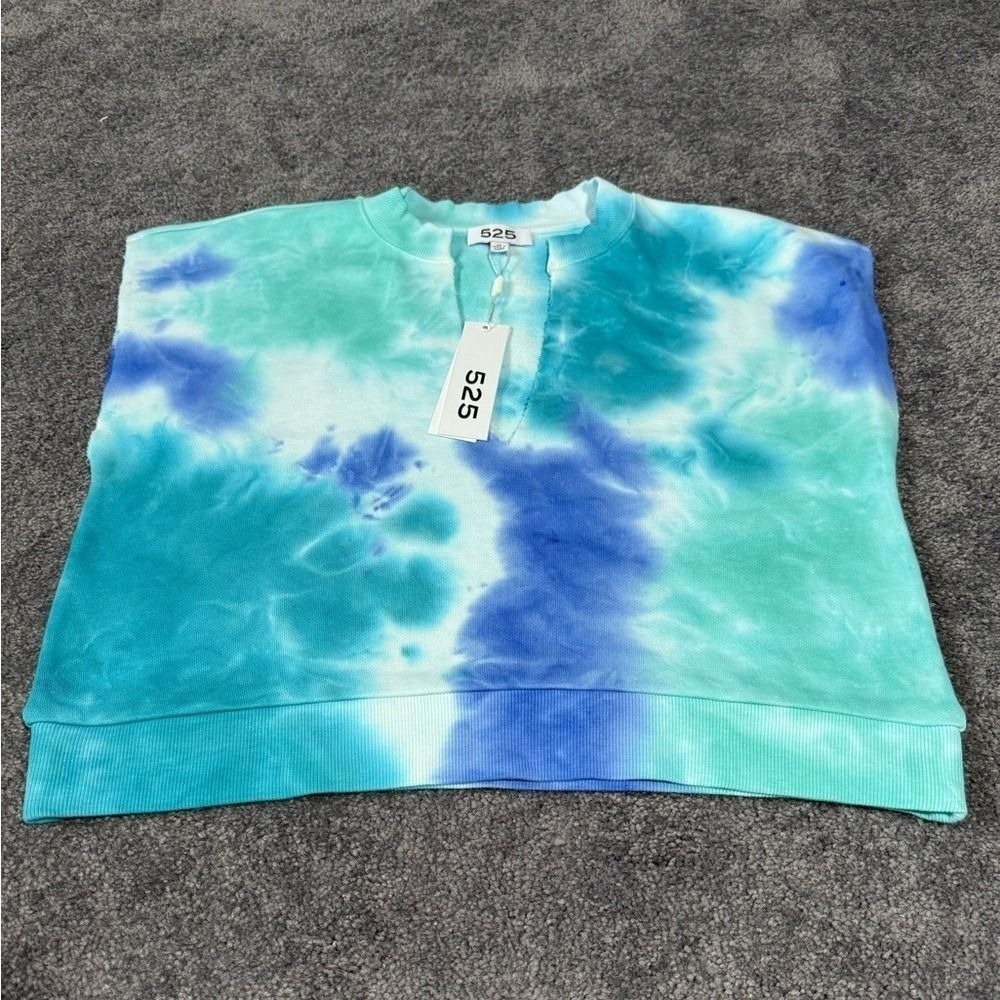 NWT 525 America Aqua Indigo Tie Dye Crop Muscle Tee 100% Cotton Women Medium